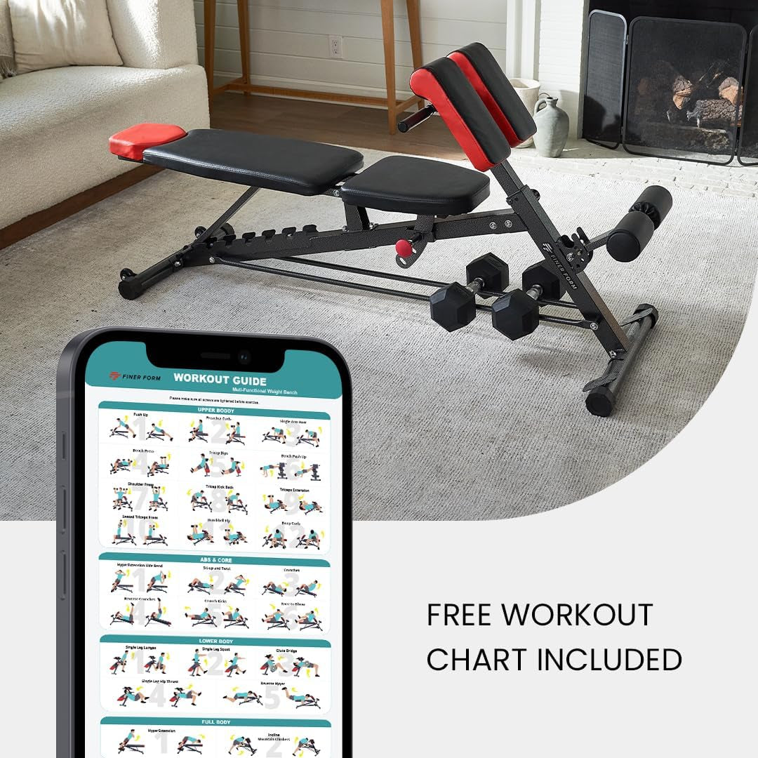 Finer Form Multi-Functional FID Weight Bench for Full All-In-One Body Workout – Hyper Back Extension, Roman Chair, Adjustable Ab Sit up Bench, Incline Decline Bench, Flat Bench